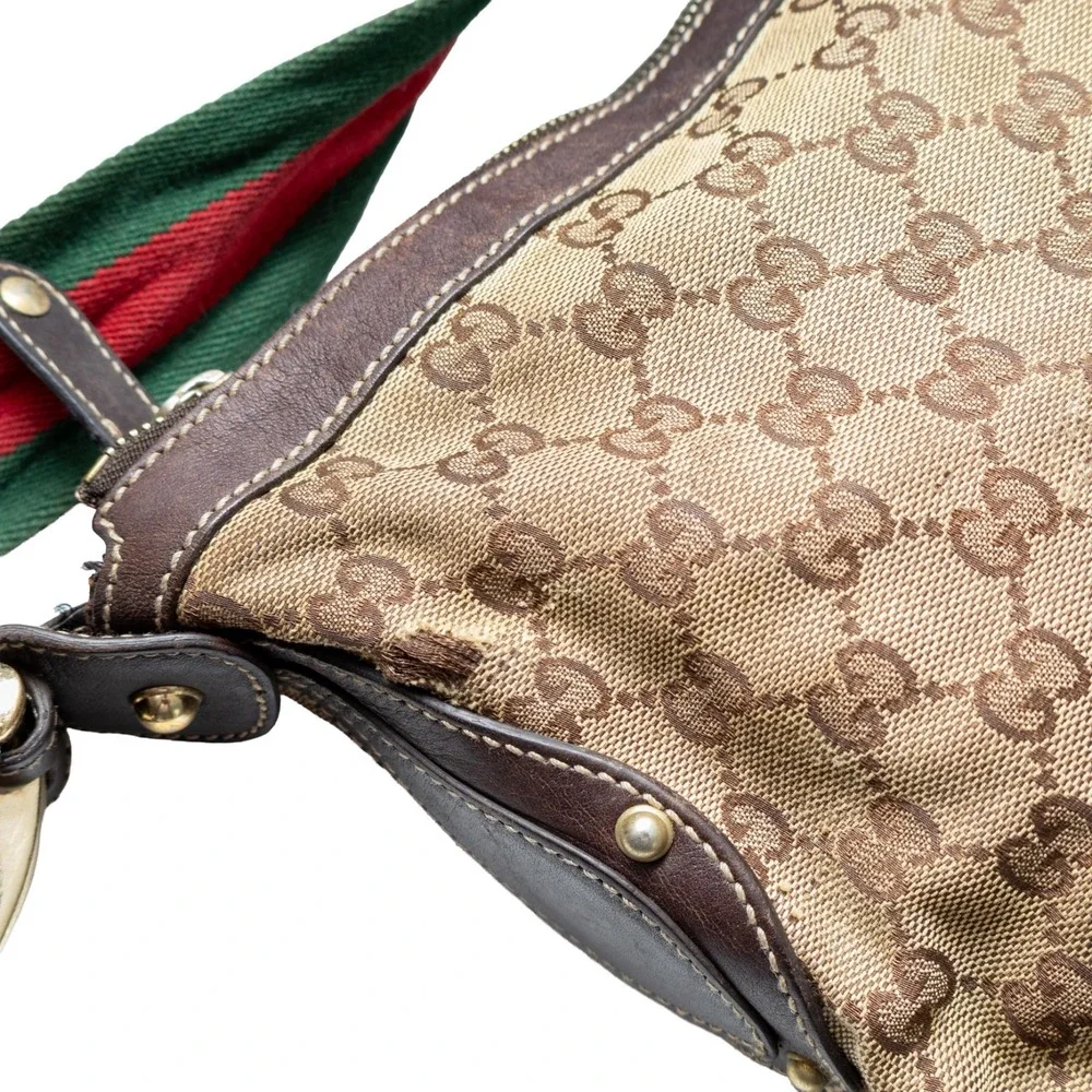 Gucci GG Canvas Pelham Horsebit Studded Hobo Bag Web Strap 153691 Brown